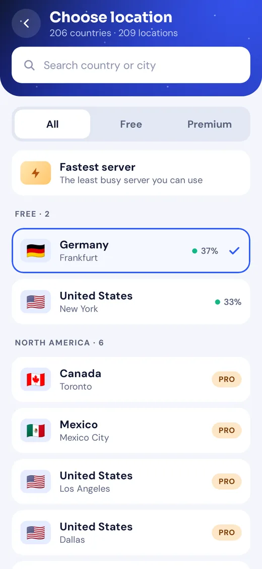 The location list in the Orbit VPN Android app