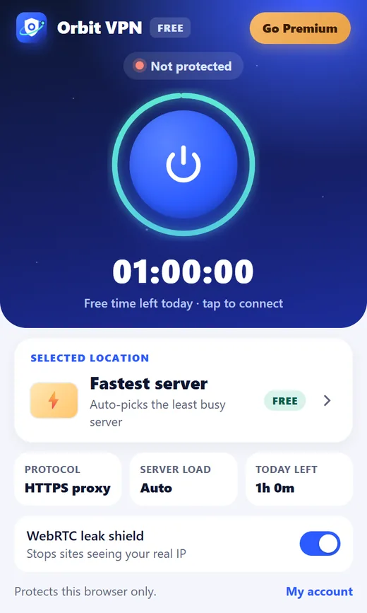 The Orbit VPN browser extension, ready to connect