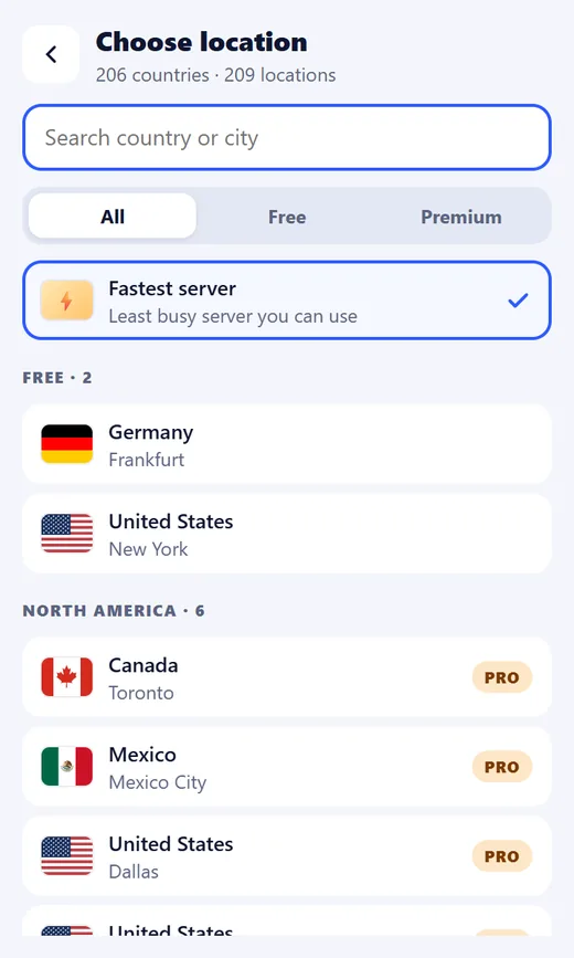 Choosing a location in the Orbit VPN extension